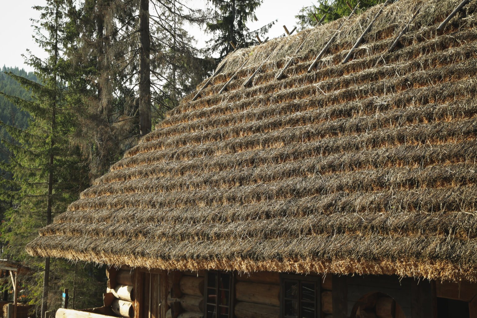 Old Ukrainian house in mountain resort park in autumn season