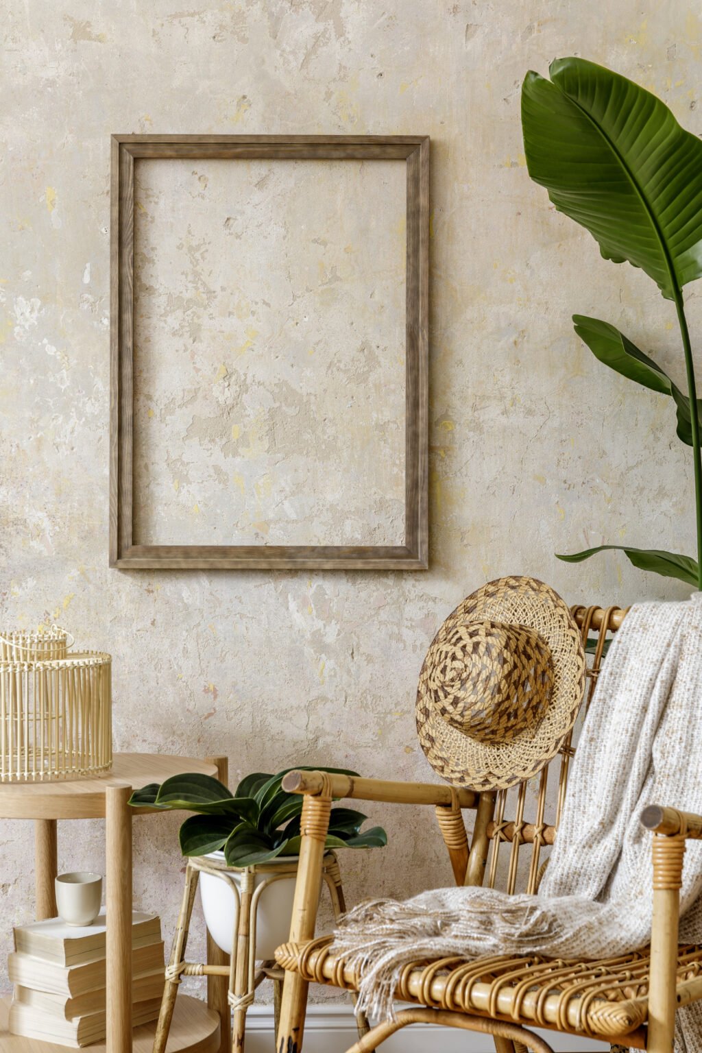 Stylish and beige composition of home interior with rattan armchair, mock up poster frame, coffee table, book, tray, decoration, plants and personal accessories in summer concept.